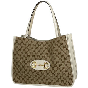 Gucci Horsebit Tote Bag, Shoulder GG Canvas, Beige, White, 623694, Women's
